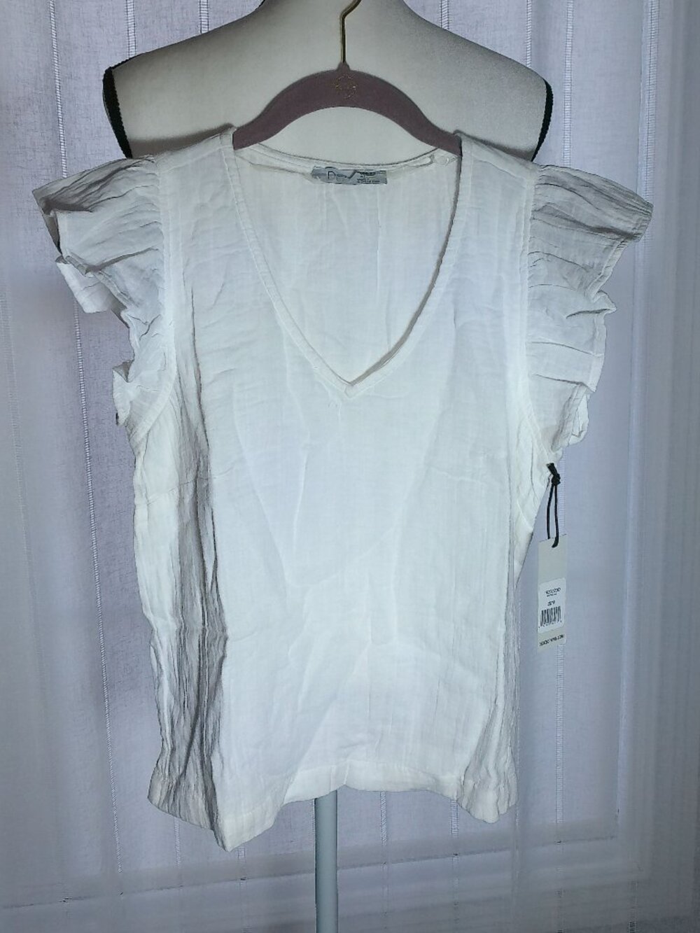 DEX Blouse Fancy Ruffle Sleeve V-Neck 100% Cotton White NWT XS